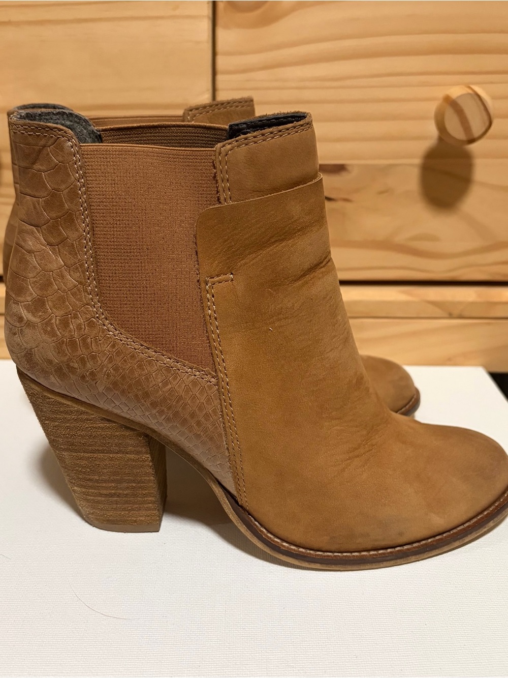 Also Women's Tan Suede Block Heel Ankle Boots